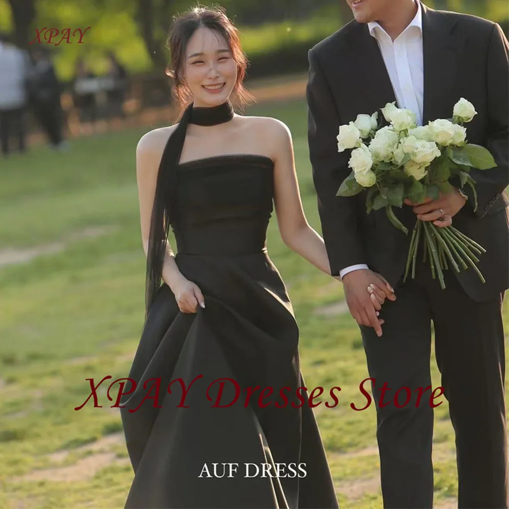 XPAY Simple Black Evening Dresses Korea Wedding Photo shoot Strapless Scalf Thick Satin Formal Party Gowns Corset Back Customize