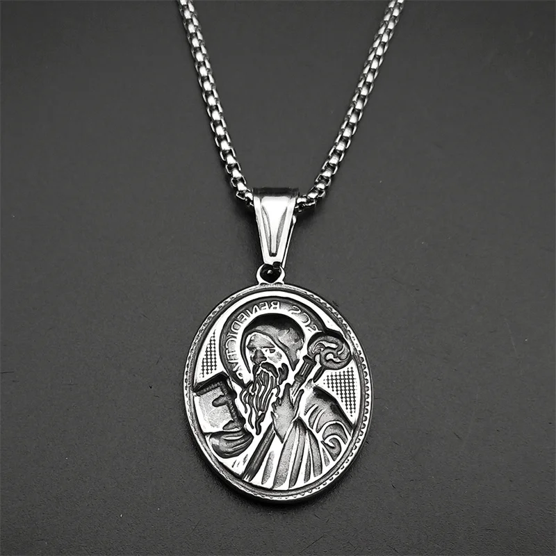 Saint Benedict Medal Pendant Necklace for Women Men Stainless Steel Gold Color Catholic Amulet Necklaces Jewelry San Benito