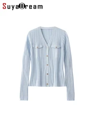 SuyaDream, Woman Cardigan, Single Breasted Silk Blend, Ribs Thin Knitwear, 2026 Spring Summer Casual Outwears, Pink, Sky blue