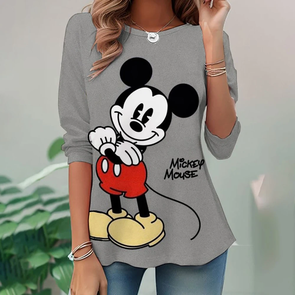 

Spring And Autumn women's Long Sleeved Round Neck Oversized T-shirt 3XL Plus Size Casual Disney Mickey Mouse Loose T-shirt
