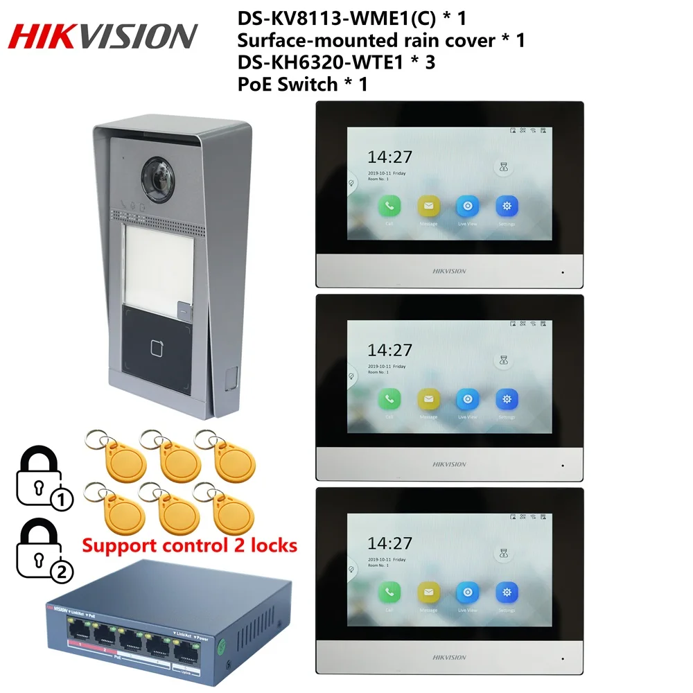 HIKVISION Original Multi-language 802.3af POE Video intercom KIT,include DS-KV8113-WME1(C) & DS-KH6320-WTE1 & PoE Switch