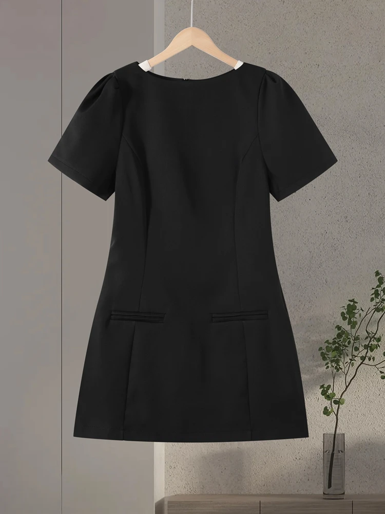 Robe courte élégante à manches bouffantes pour femmes, col rond, poches, Slim, noire, mode dame, robes de soirée, 2025