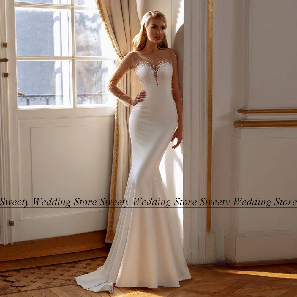 Robe de Mariée Sirène Transparente à Paillettes et Perles, Manches sulf, Col Rond, Dos Libre, pour Patients Commandés