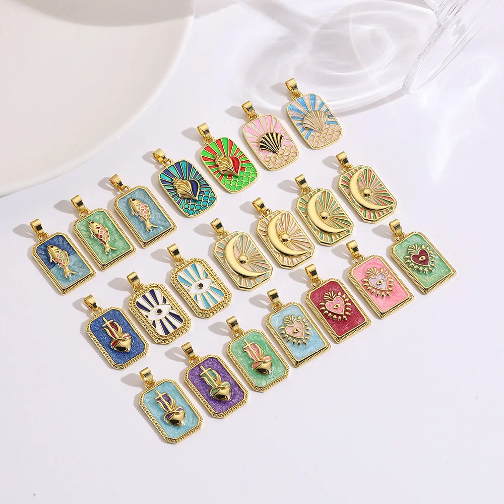 

5Pcs light luxury square colored enamel copper love conch shell eyes moon jellyfish tarot pendant necklace couple party gift