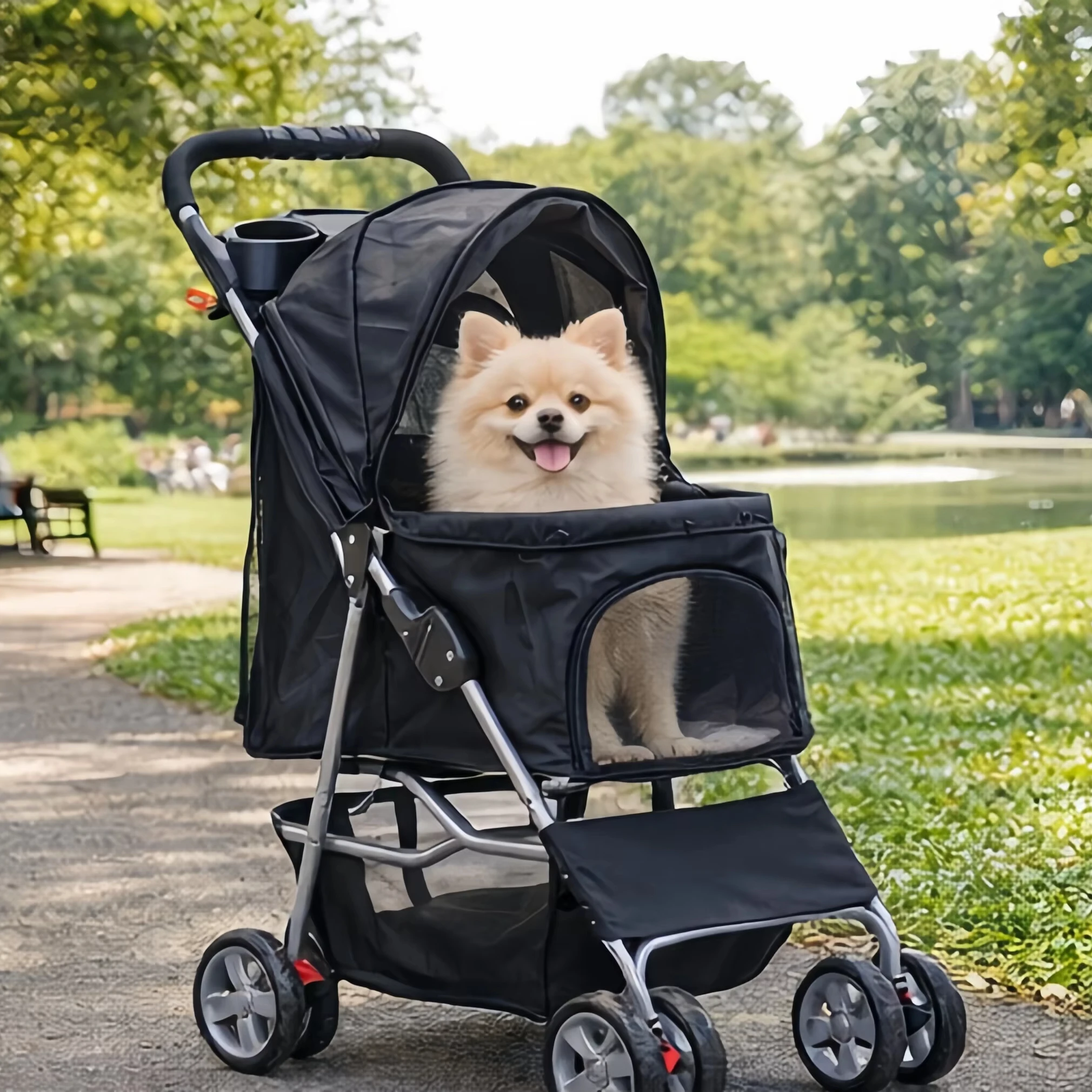 Foldable 4-wheel Independent Brake Durable Thickened and Reinforced Pet Stroller