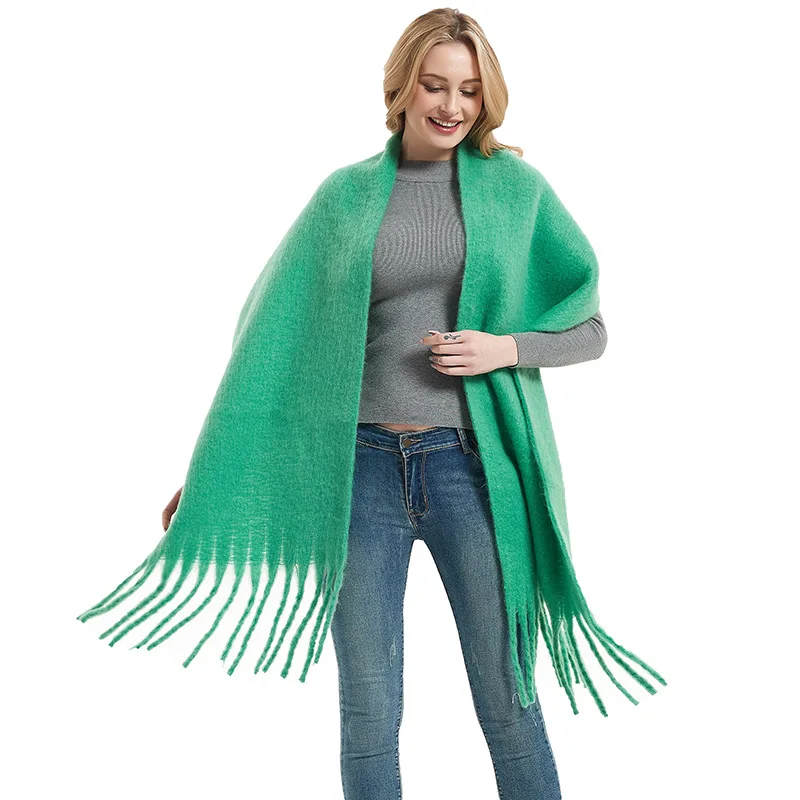 Autumn and Winter Warm Solid Colour Shawl for Women Long Tassel Rough Beard Grass Green Thickened 26 Colours Scarf