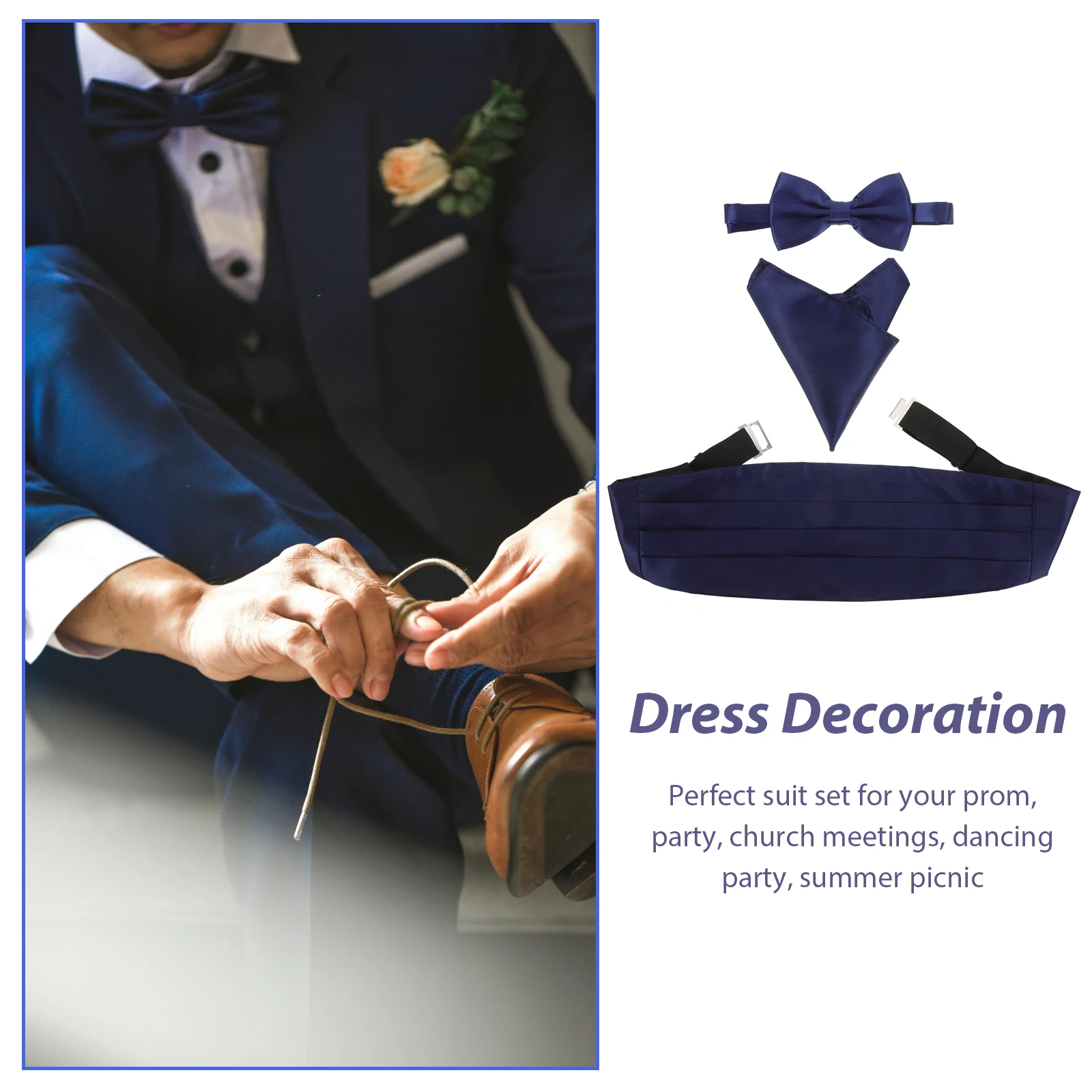 

3pcs White Satin Bow Tie Cummerbund Set Men'S Formal Pocket Handkerchief Adjustable Silver Clip Machine Stitched Borders For