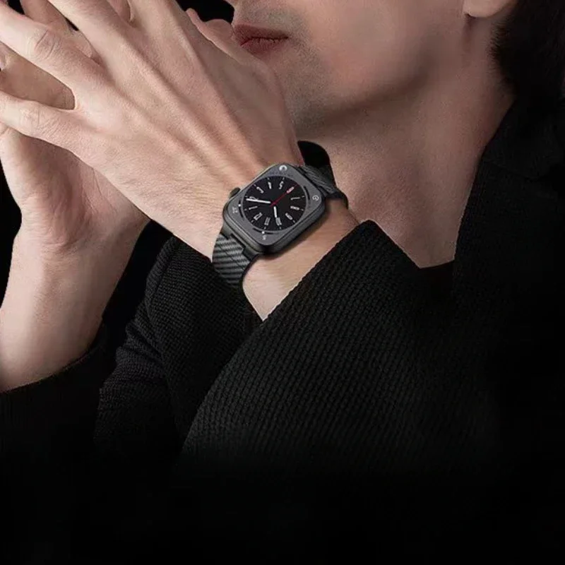 สายคาร์บอนไฟเบอร์สําหรับ Apple Watch Band 49 มม.46/45/41 มม.40/44 มม.สร้อยข้อมือซิลิโคนแม่เหล็ก iwatch Ultra2 Series 10 9 8 7 6 SE 5