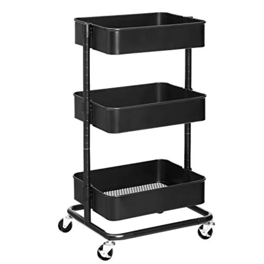 3-Tier Metal Rolling Cart Utility Cart Kitchen Cart with Adjustable Shelves Storage Trolley with 2 Brakes Easy Assembly for Kit