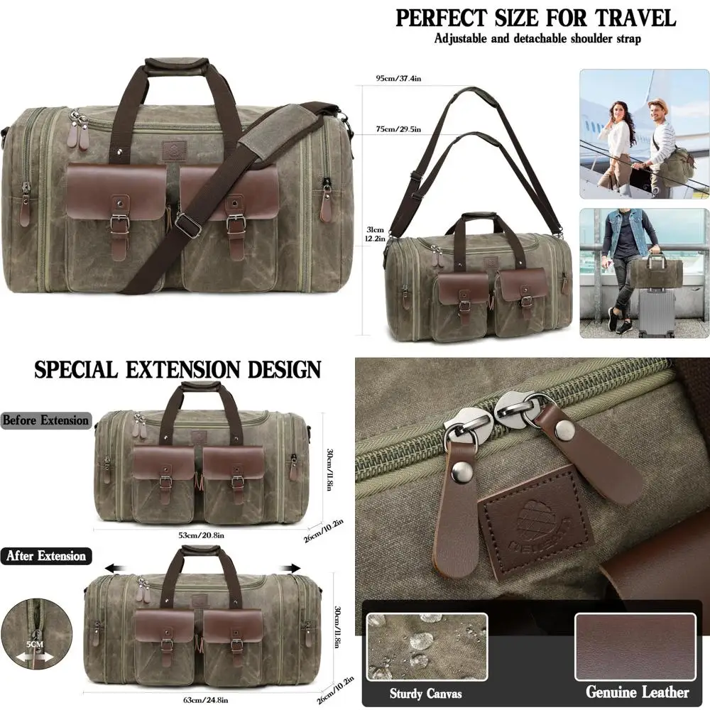 حقيبة سفر للرجال قابلة للتوسيع سعة 60 لترًا من القماش الخشن مع جلد طبيعي - حقيبة أمتعة لحمل عطلة نهاية الأسبوع لرحلات عطلة نهاية الأسبوع #1
