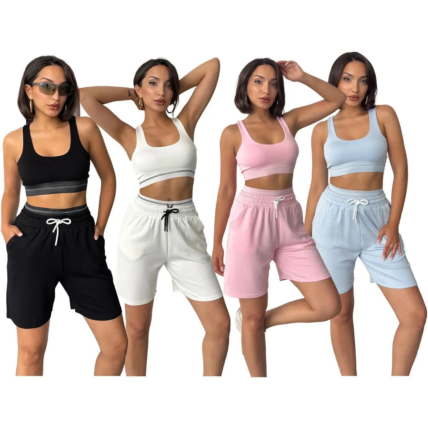 Q6379  Fashionable short vest with double waistband five-pocket casual yoga set for sports (includes chest pad)