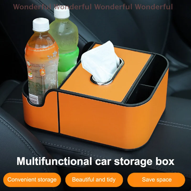 

Backseat Storage Box with 2 Cup Holders & Tissue Box - Flexible Universal Car Armrest Organizer for SUV/Sedan Interiors