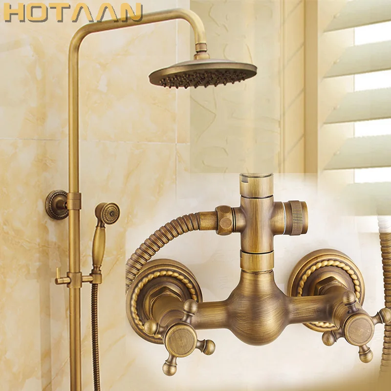 Imagem -02 - Antique Brass Rainfall Shower Faucet Conjunto para Banheiro Chuveiro de Mão Banheira em Chuveiro Montagem em Superfície Luxo Novo