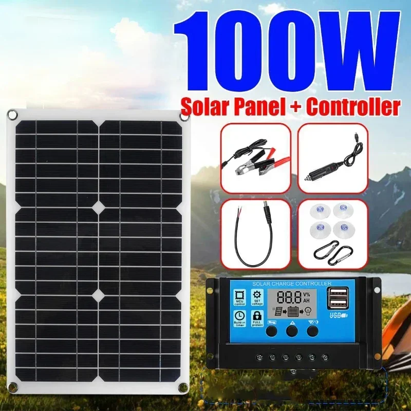 100W 12V Solar Panel System With 60A Solar Charge Controller 2 USB Ports Outdoor Protable Moblie Phone Charger Camping Traveling