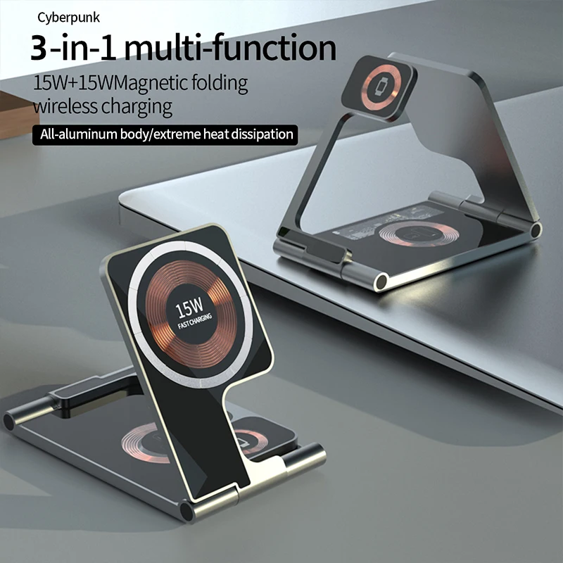 Foldable Transparent Magnetic 15W Wireless Charger Stand 3 in 1 For iPhone 14 13 12 Watch 8 7 Airpods Fast Charging Dock Station