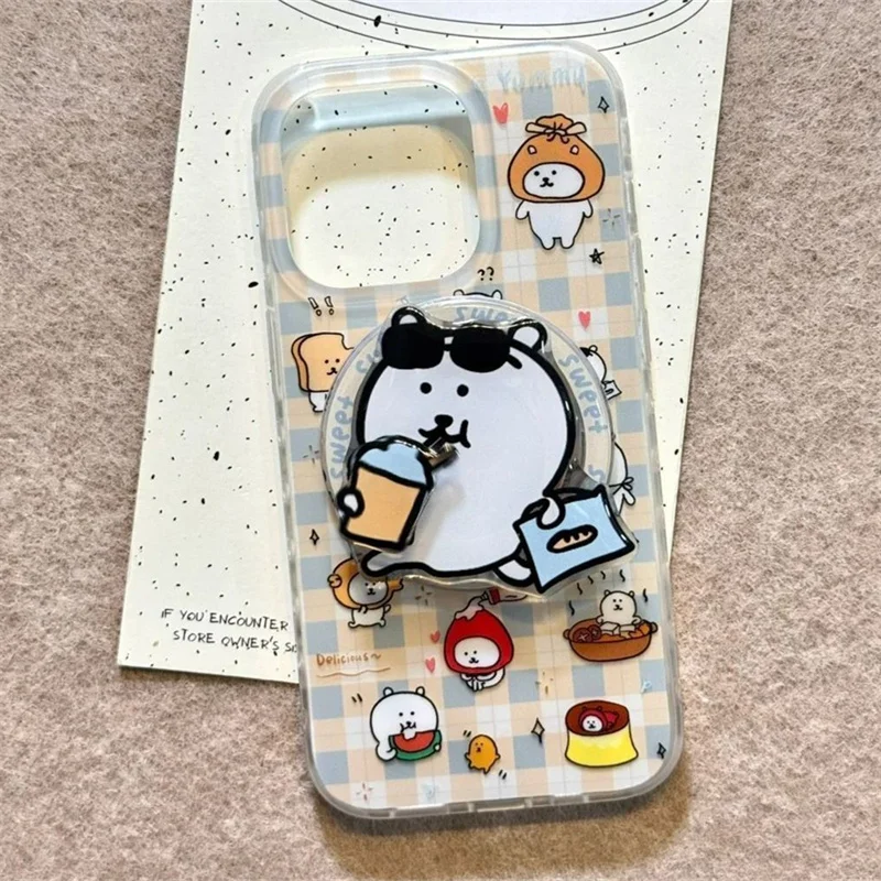 Magnetic checkered white Little Bear illustration phone case with magnetic bracket for iPhone 11 12 13 14 15 16 17 Pro mx