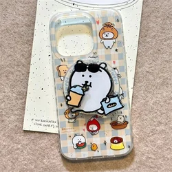 Magnetic checkered white Little Bear illustration phone case with magnetic bracket for iPhone 11 12 13 14 15 16 17 Pro mx