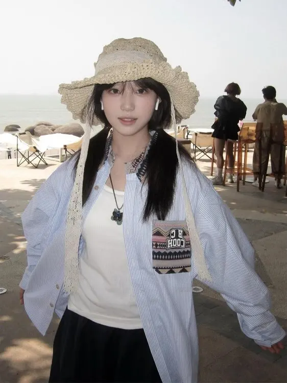 

Женская рубашка в американском стиле, свободного кроя, с длинными рукавами, в желтую полоску, с вышивкой, верхняя одежда для ранней весны, повседневный топ для защиты от солнца