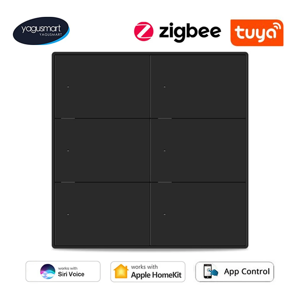 

Yagusmart Tuya Zigbee 6 Gangs Smart Switch 4x4 Homekit Push Button Wall Switch Black SmartThings Alexa Google Home Voice Control