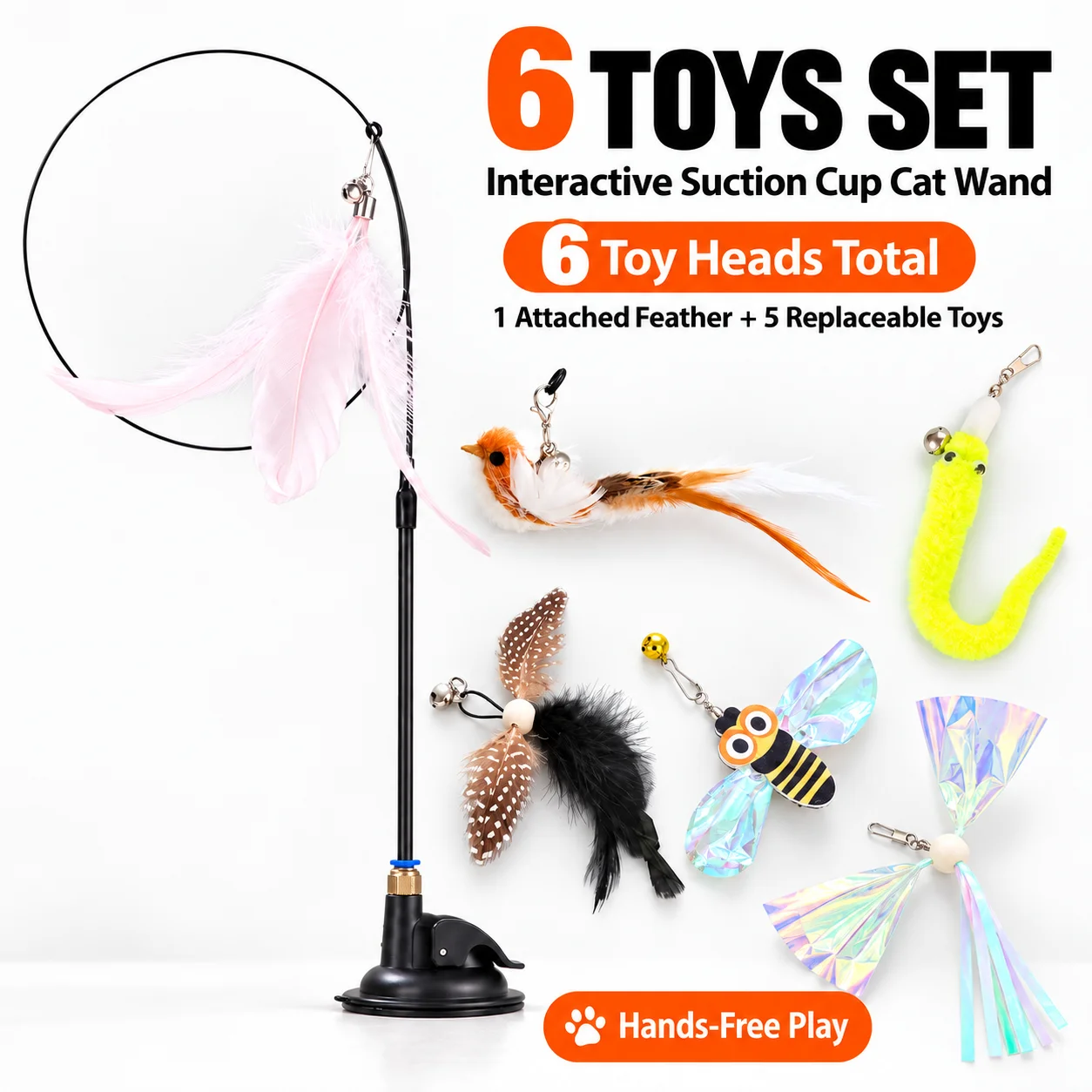 1pc Interactive Suction Cup Cat Wand 6 Toy Heads Feather Teaser Hands-Free Cat Toy Replaceable Attachments for Indoor Cat Kitten