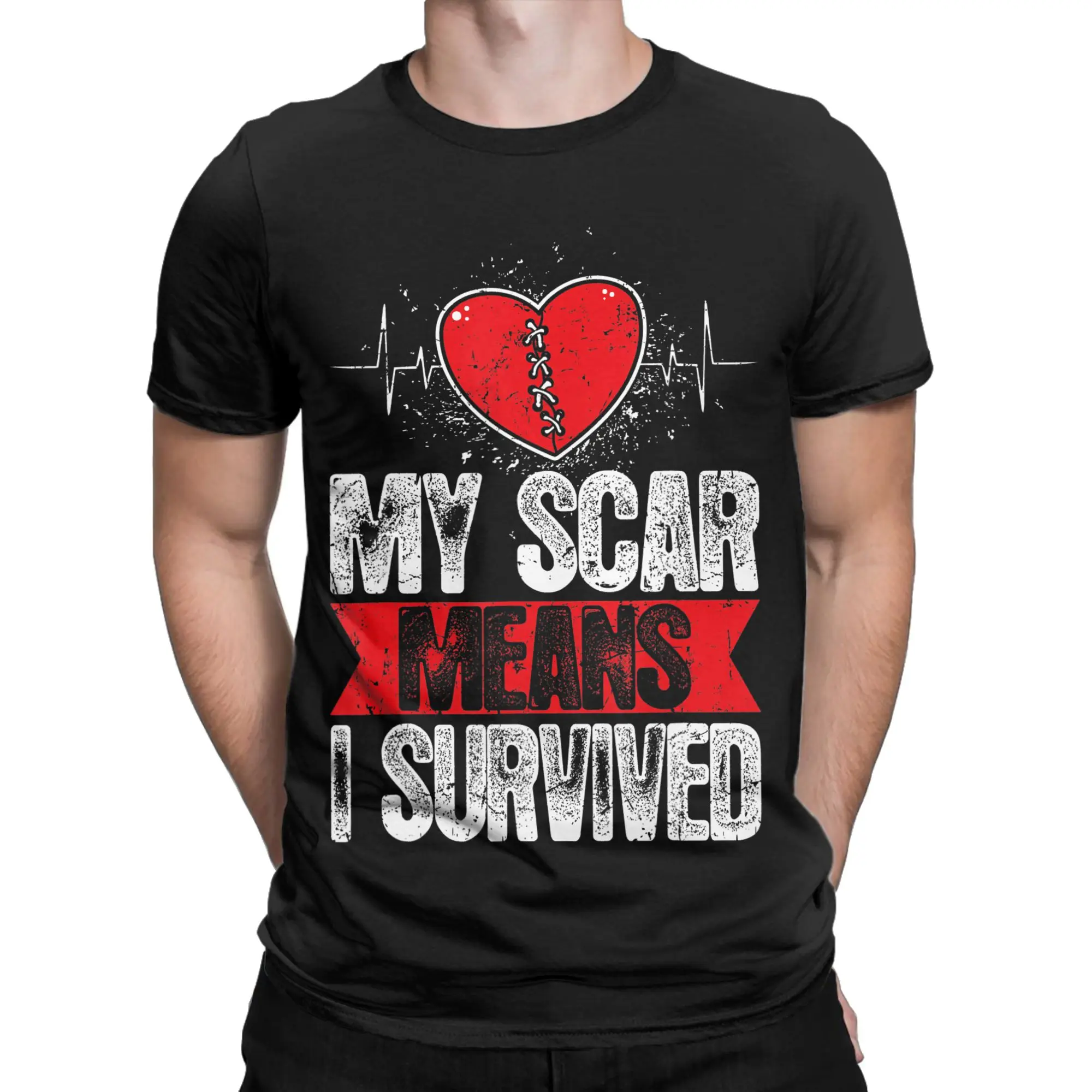 Men T-Shirt My Scar Means I Survived Heart  Humor 100% Cotton Tees Short Sleeve  T Shirt Crew Neck Clothes Big Size