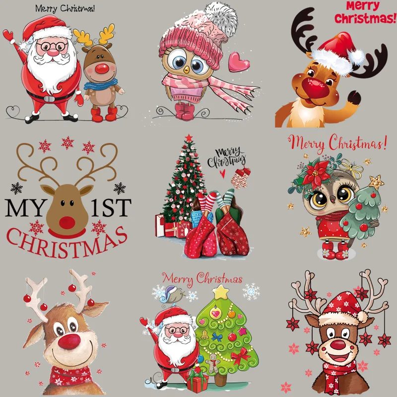 2PCS 24CM Cartoon Christmas Deer Ironing Heat Transfer Stickers Ethylene Santa Claus DIY Clothes Hat Patch Washable Stickers