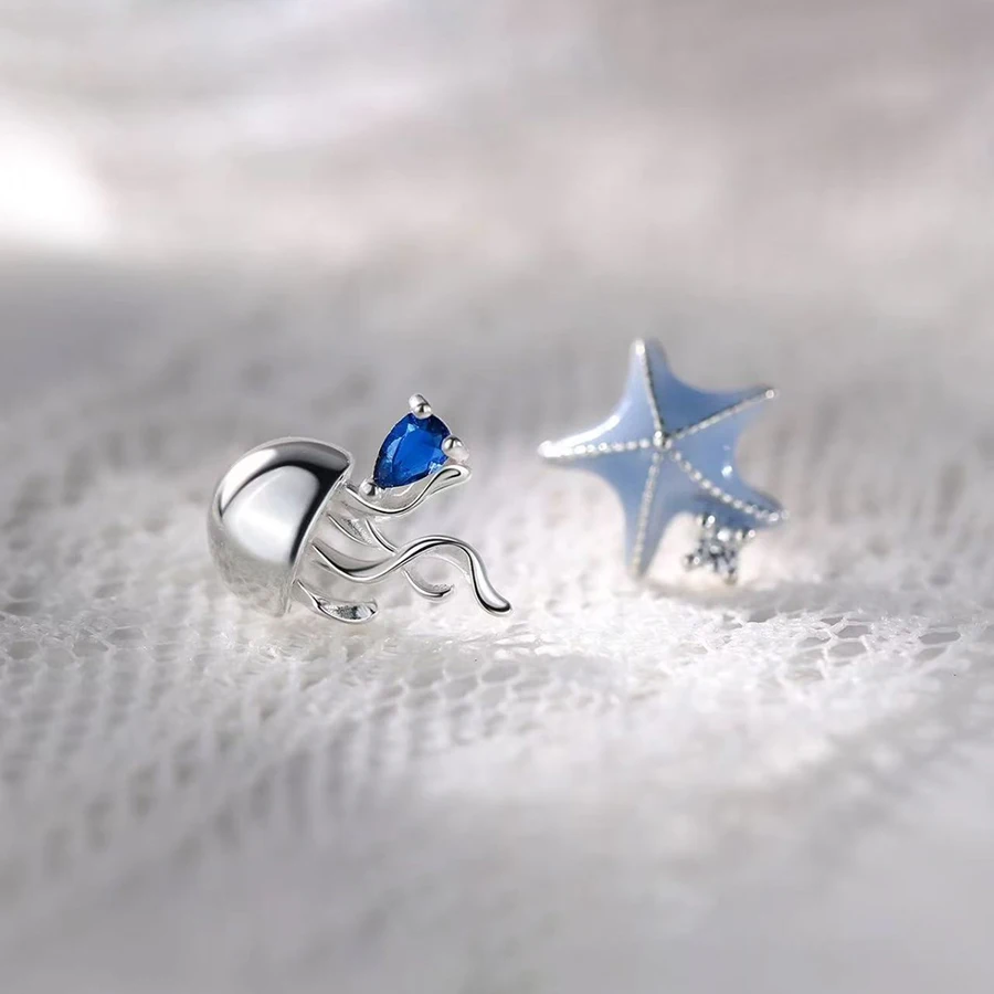 

925 Silver Needle Zircon Jellyfish Starfish Aasymmetry Animal Stud Earrings For Women Classic Fine Jewelry Accessories In Summer