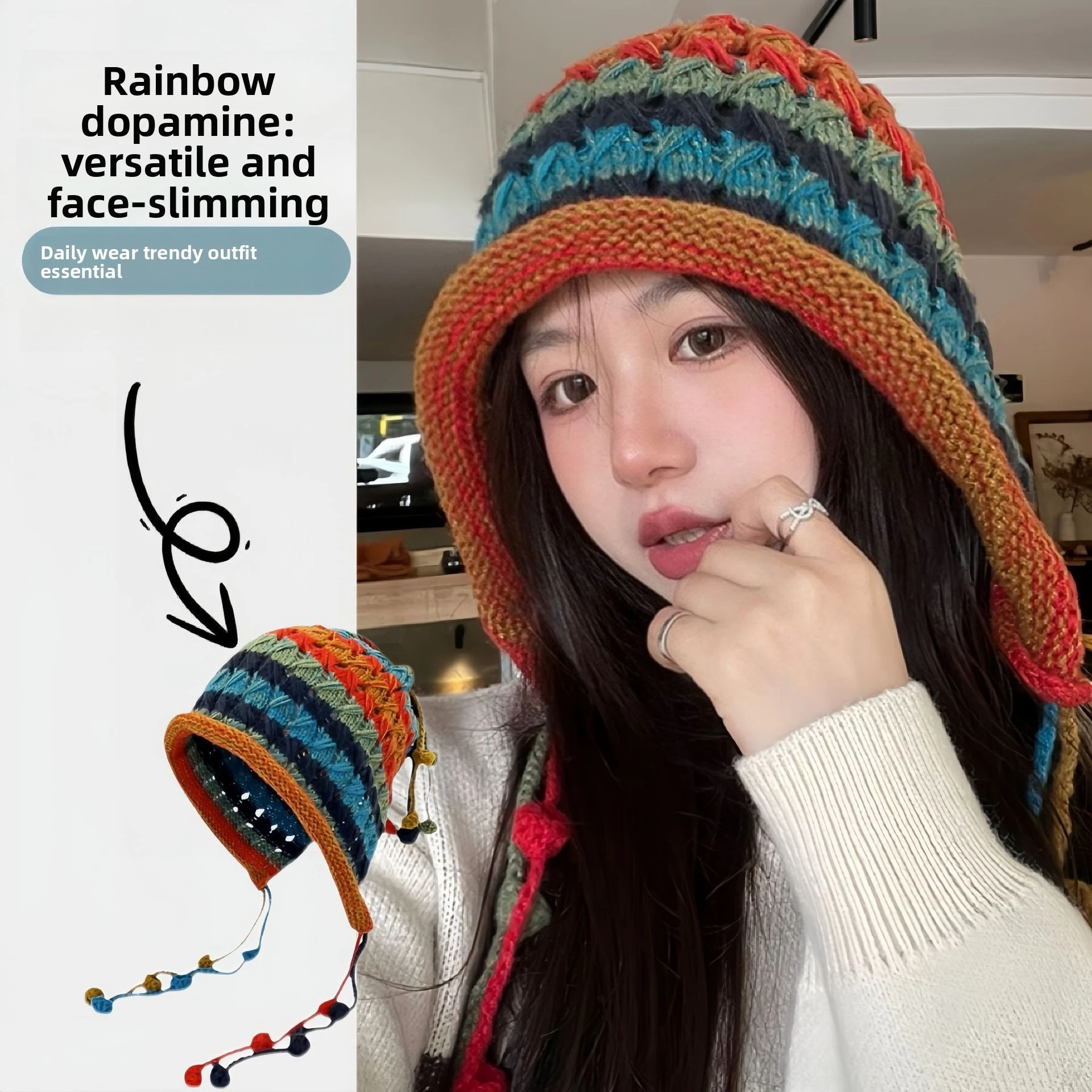 Hearing Protection Women Ear Protective Crochet Lace up Tassel Winter Warm Knitted Hat Dopamine Fashion Korean Style