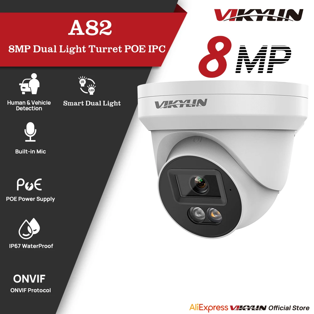 

IP-камера видеонаблюдения VIKYLIN 8 МП, PoE, 4K, умная, с двойной подсветкой, аудио, фиксированная, с обнаружением людей и транспортных средств, поддержка SD-карт, ONVIF, IP67