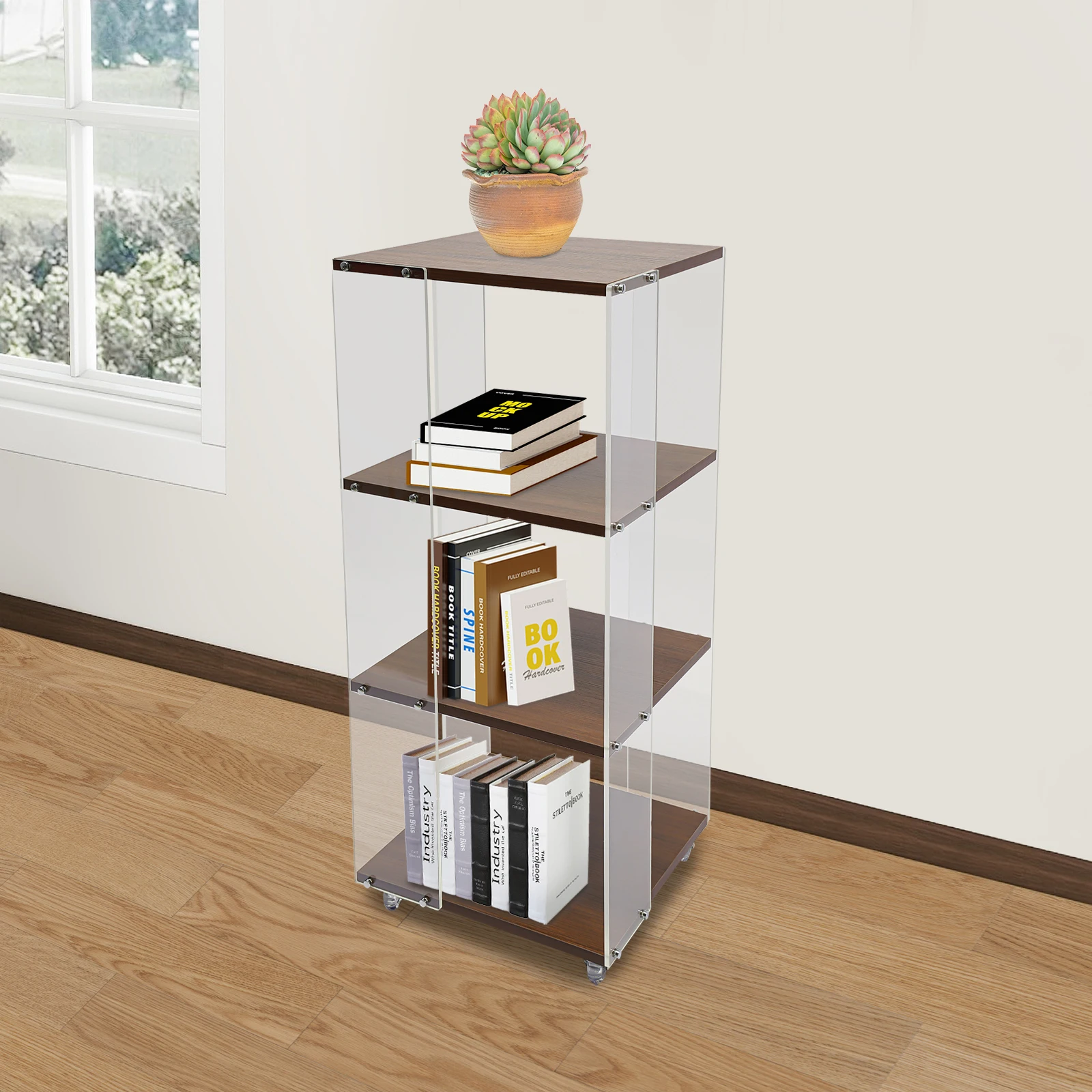 3-Tier Acrylic  Bookshelf  360° Rotating  MDF Standing Bookcase with Lockable Wheels Small Corner Bookshelf For Bedroom Study Living Room Kids Room
