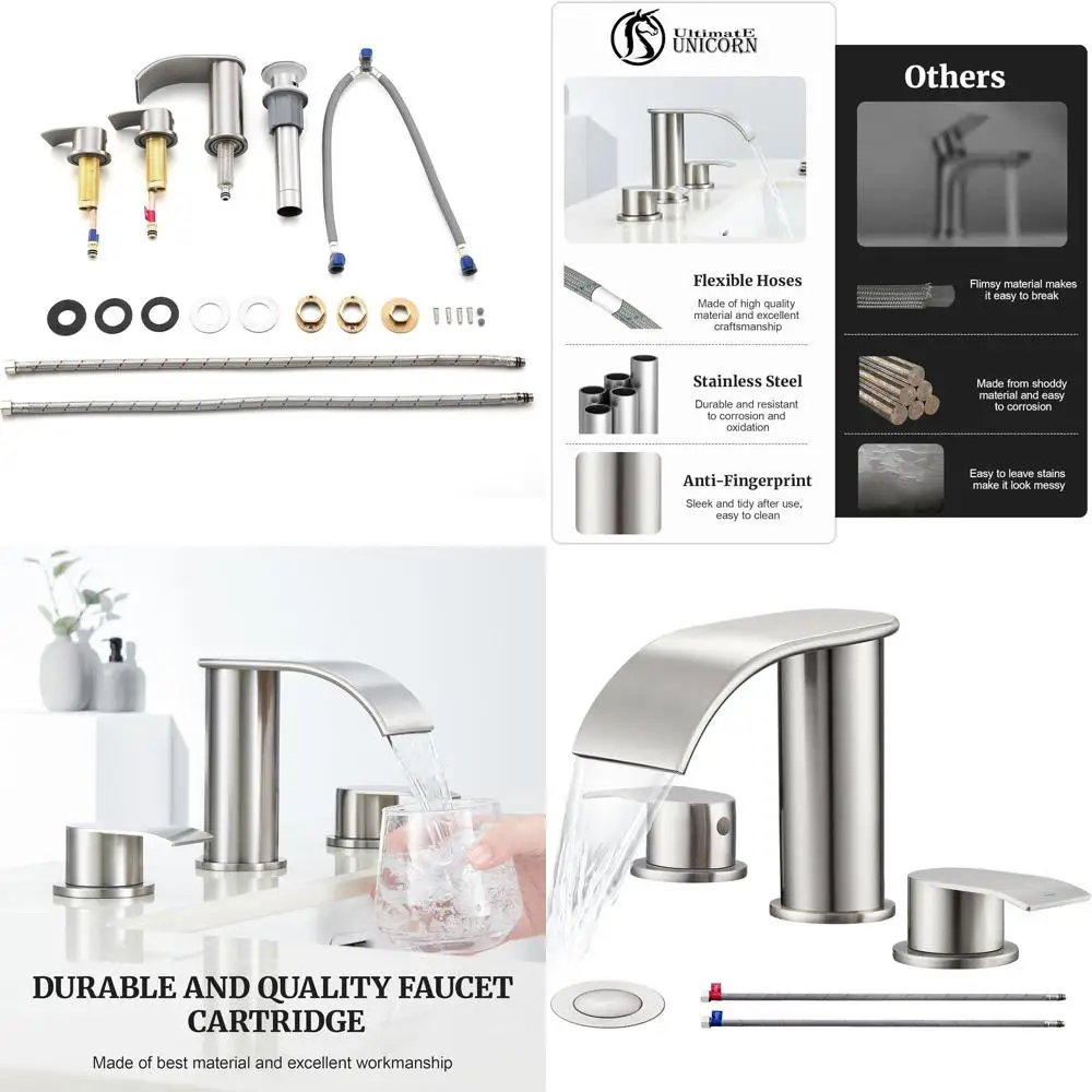 

8 Brushed Nickel 2-Handle Widespread Bathroom Faucet with Metal Pop-Up Drain and 2 Hoses for 3-Hole Vanity Sink