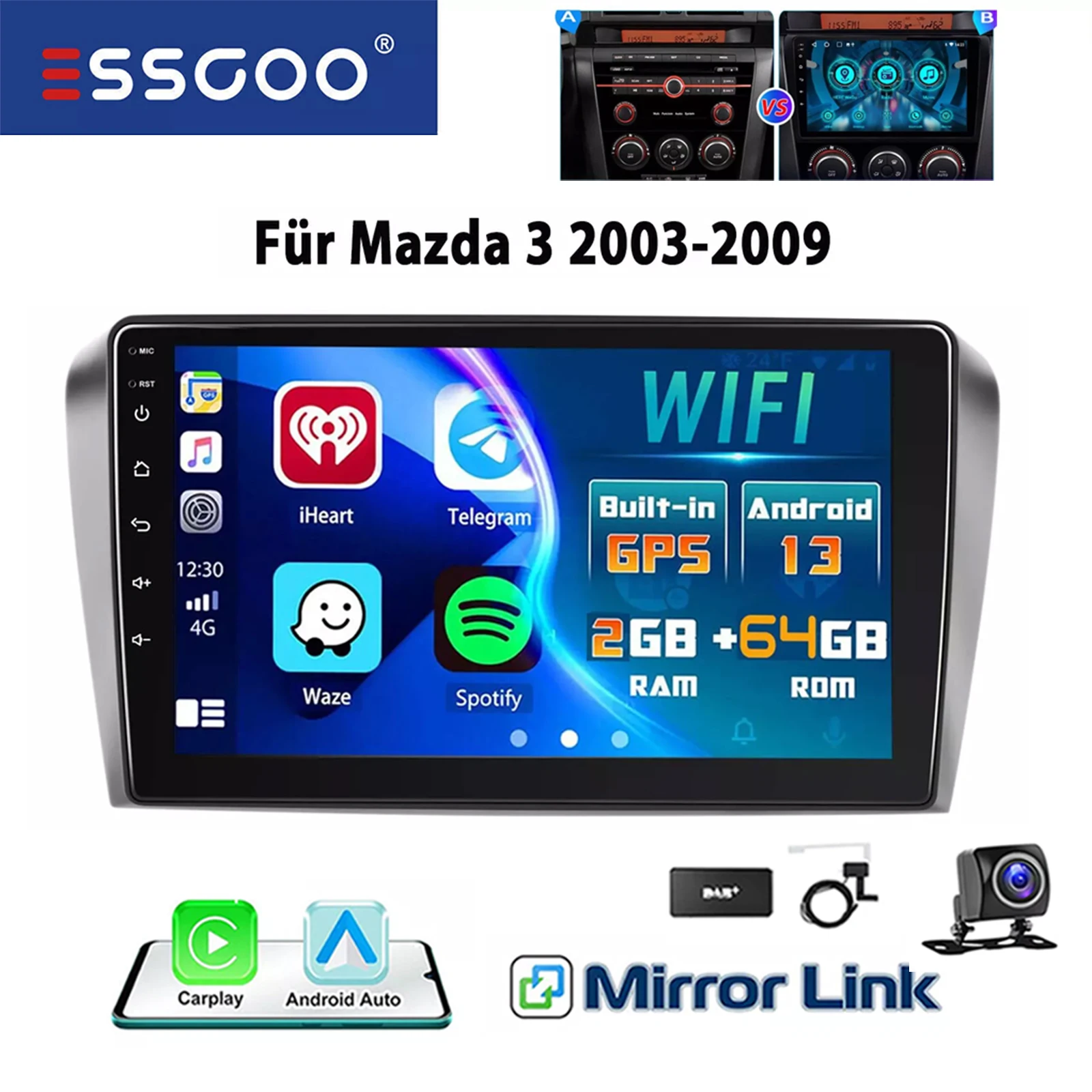 ESSGOO 9" 2 DIN HD Touchscreen Display voor Mazda 3 2003-2009 Android 13 Autoradio Wireless CarPlay GPS Navigatie Stereo Bluetooth FM WIFI RDS Multimedia Video Speler 32G/64G 4 Core - afbeelding 1