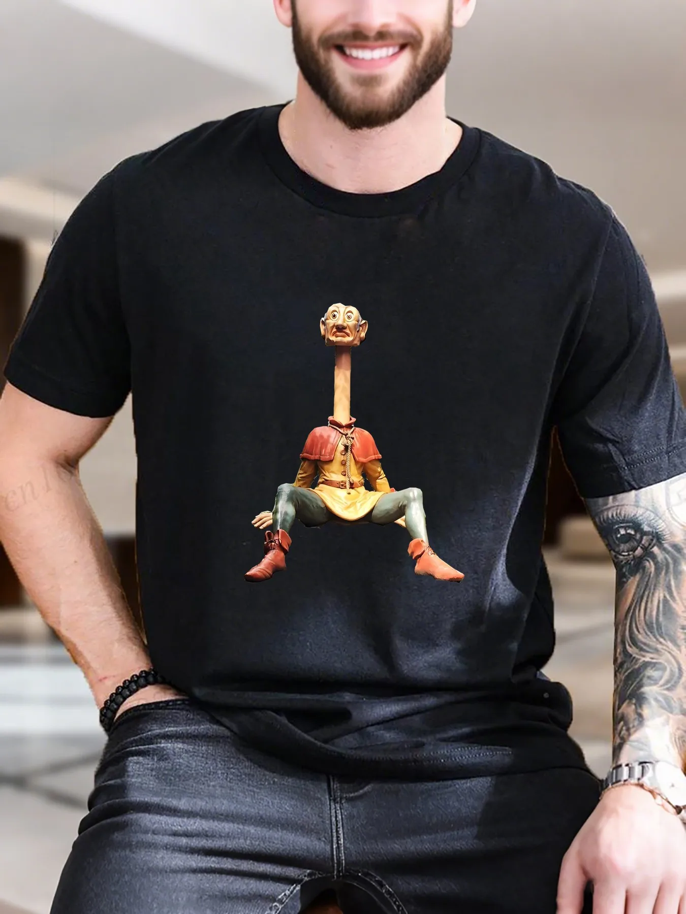 

New Arrival Fashion Men's Graphic Print Short Sleeve T-Shirt Stylish Cat on Chair Cotton Tee Breathable Soft Casual Wear for Everyday