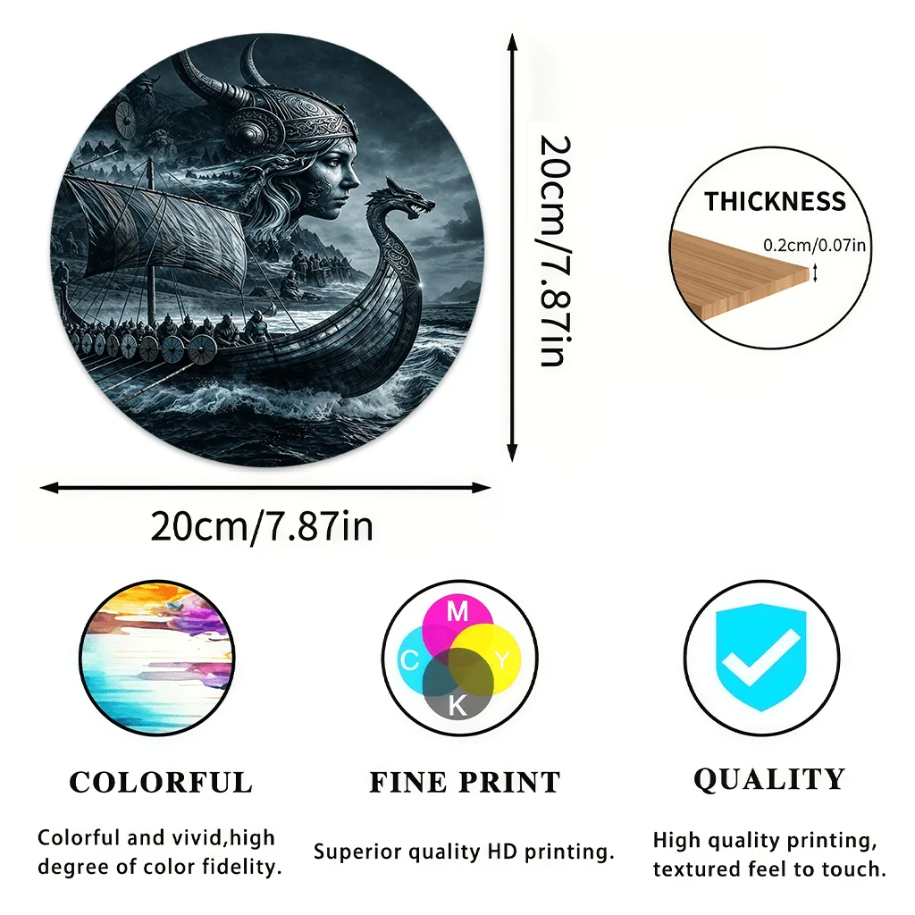 2D Flat, Valkyrie Viking Ship Wooden Wall Plaque - Retro Norse Round Hanging Sign Suitable for Home, Office, Wedding Gift, Vikin