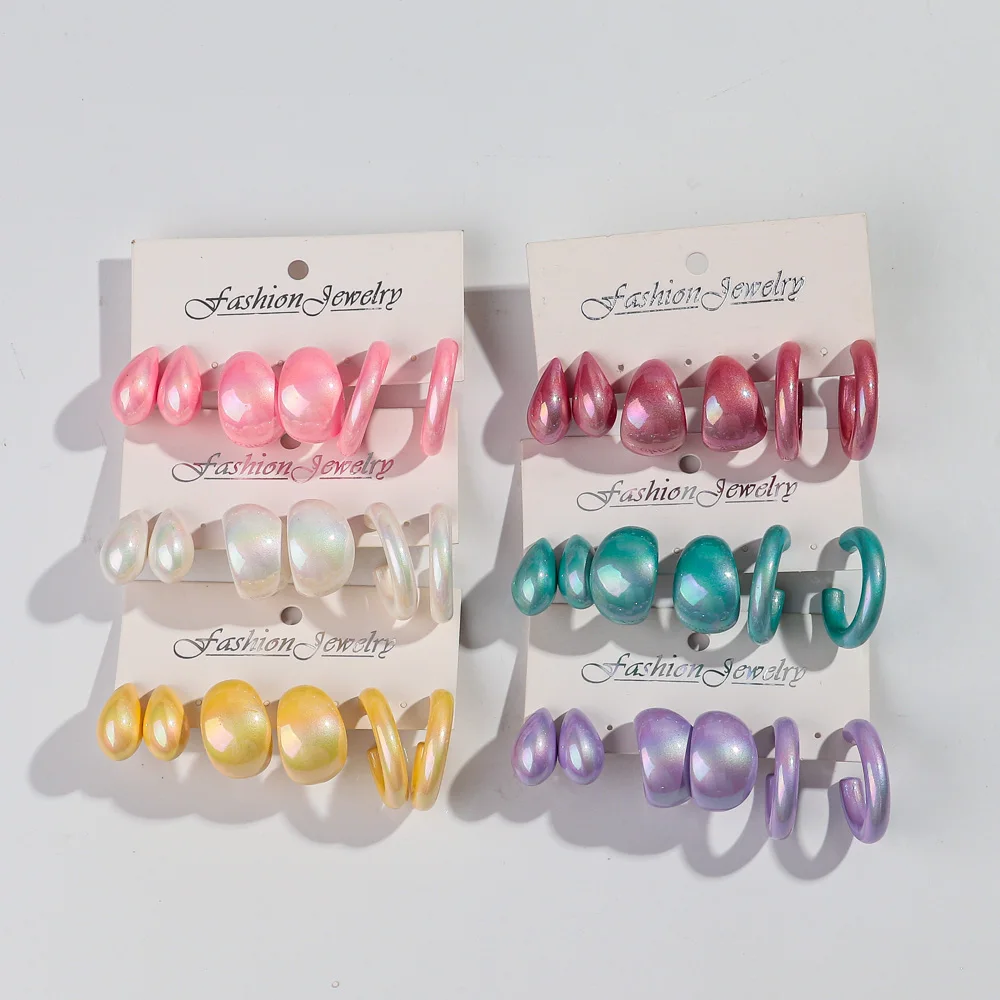 3pair Pearl Iridescent Acrylic Circle Waterdrop Earring Hoops for Women Trend Round Geometric Earrings Statement Jewelry Gifts