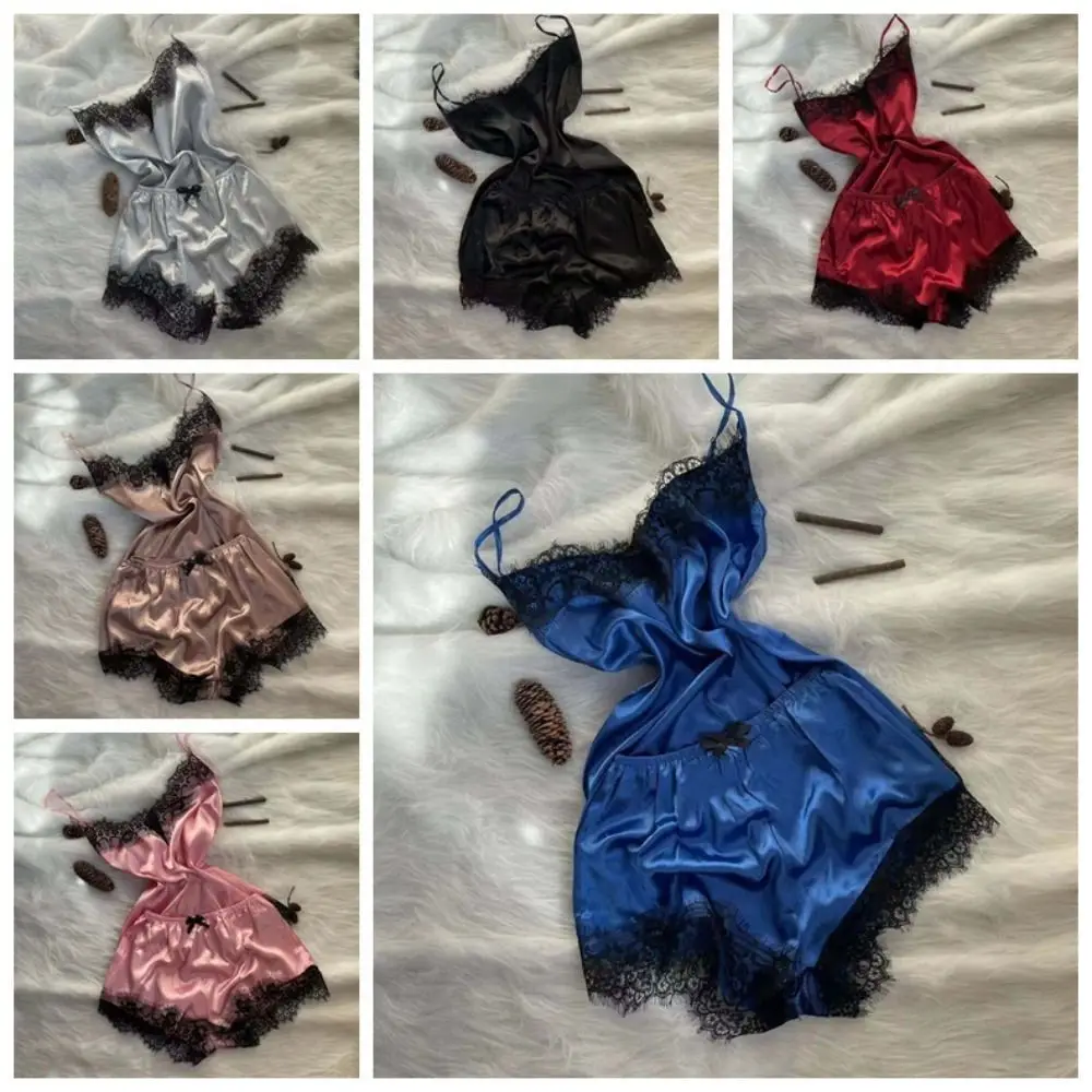 

Bowknot Lace Pajama Suit Sleeveless V-Neck Shorts Camisole Nightdress Women Homewear Satin Ice Silk Lace Sleepwear Sets Summer