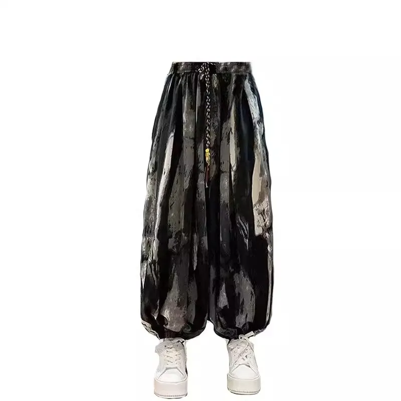 

Large Size Ice Silk Dyed Pants Men's Casual Summer Loose Fit Drawstring Lantern Pants Harajuku Style Youth Daily Wear
