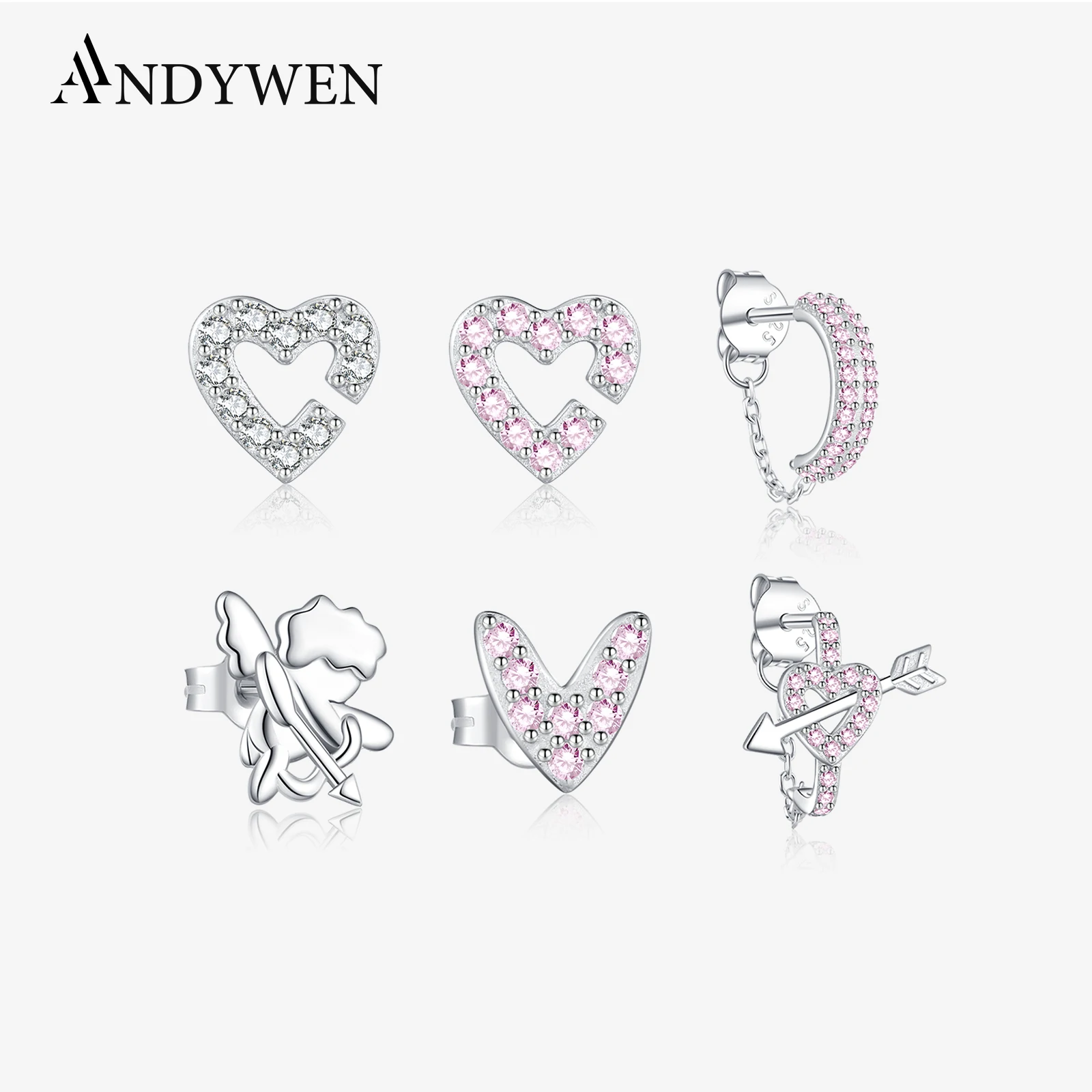 

ANDYWEN 925 Sterling Silver Cupid God of Love Sweet Heart Stud Earrings Set Pink Zircon 2025 Romantic Jewelry for Dating Gifts