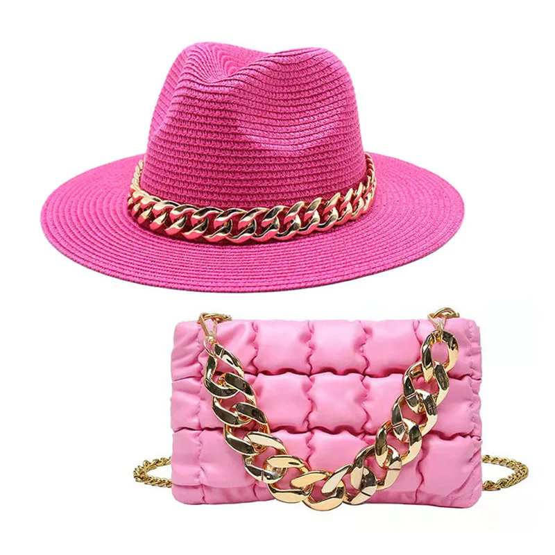 Set Straw Hat and Bag Set Gold Chain Bag Hat Set Ladies Leather Bag Tote Church Fedora Party Jazz Straw Hat