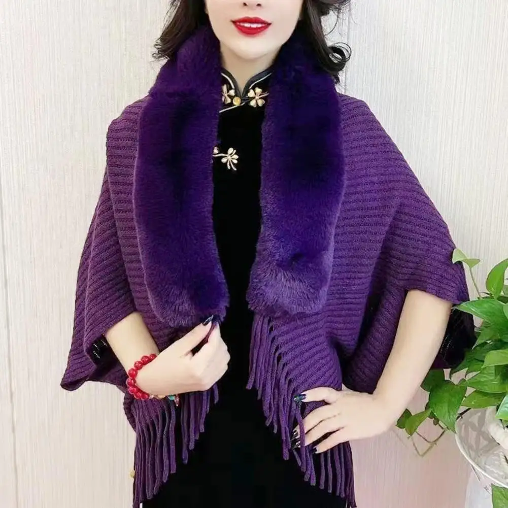 2024 Elegant Women Knitted Tassel Shawl Faux Fur Collar Evening Gowns Shawl Windproof Autumn Winter Shaw Ponchos Party Cape