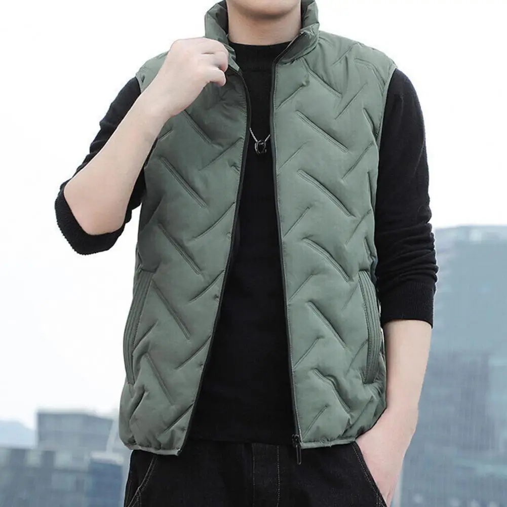 Men Waistcoat Embossing Stand Collar Cotton Padded Winter Vest Coldproof Autumn Winter Zipper Vest Coat Thickened Zipper Vest