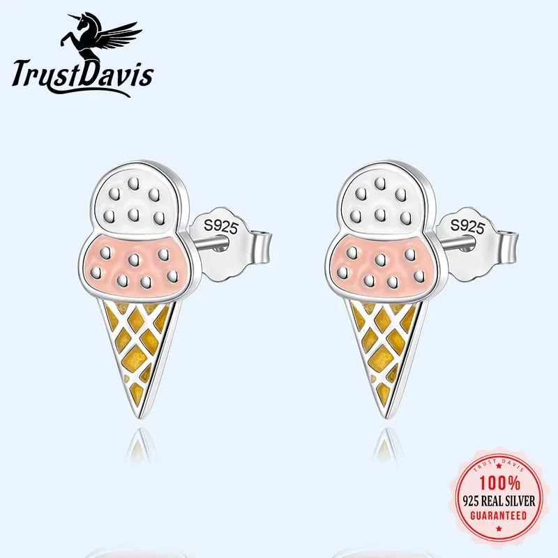 TrustDavis 100% 925 Sterling Silver Women Fashion Ice Cream Style Stud Earrings Gift For Daughter Girls Teens Wholesale DS1533