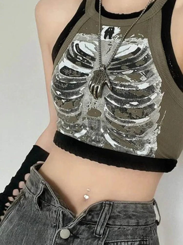 Punk Aesthetic Cyber Retro X-ray Skeleton Print Rib Sleeveless Vest ArmyGreen Crop Top Designer Clothes Women 2023 Summer Emo