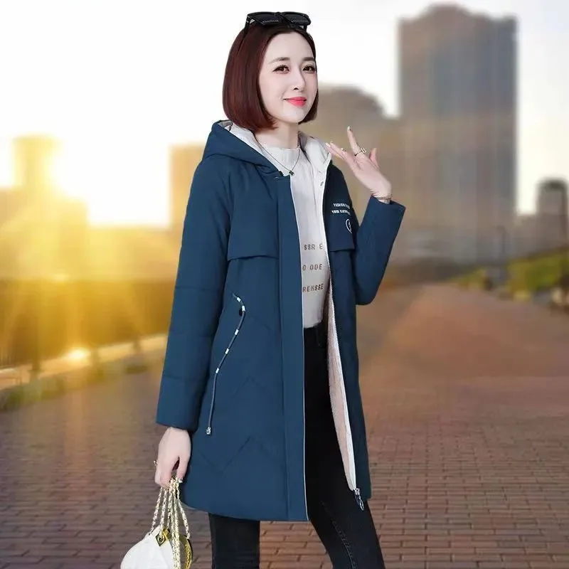 Long Fashion Eiderdown Cotton-padded  Women Autumn And Winter  New Hooded Loose Fleece Warm And Casual Thick Coat Women.