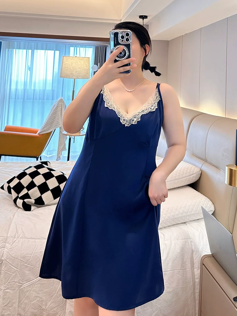 New Plus Size Women Nightgowns V-neck Sleeveless Suspende Sexy Sleepwear Solid Color Paneled Lace Luxe Night Dress Summer Thin