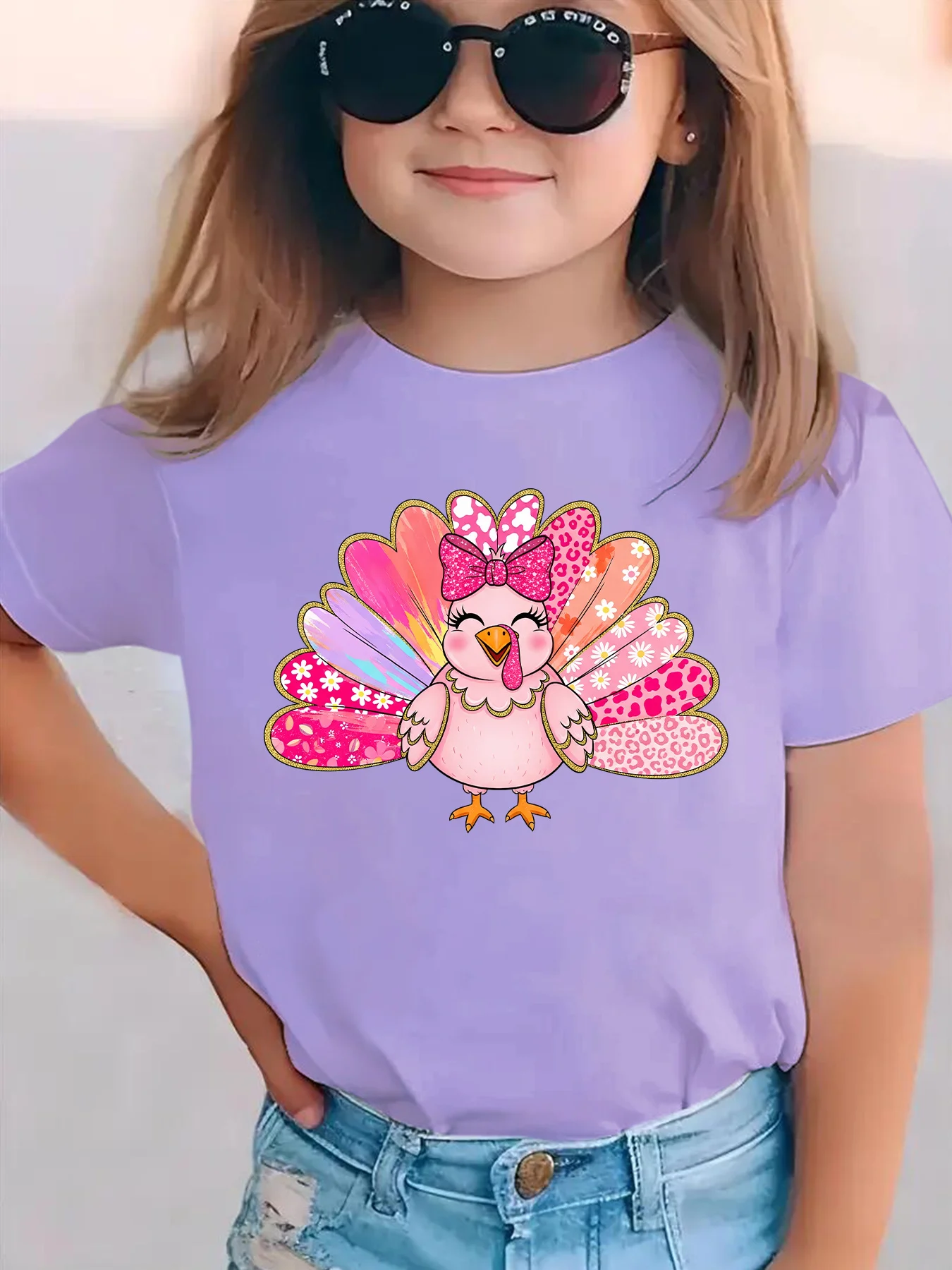 الفتيات قصيرة الأكمام تي شيرت عيد الشكر الوردي تركيا واليقطين طباعة عارضة أعلى الكرتون تركيا الشكر القمصان للفتيات