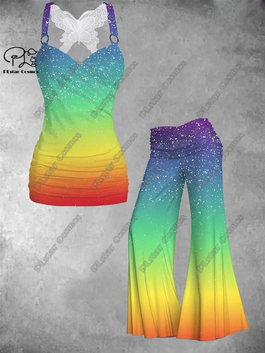 

PLstar Cosmos New 3D Printed Women's Color Gradient Art Retro Print Butterfly Vest + Wide Leg Pants Two-piece Set