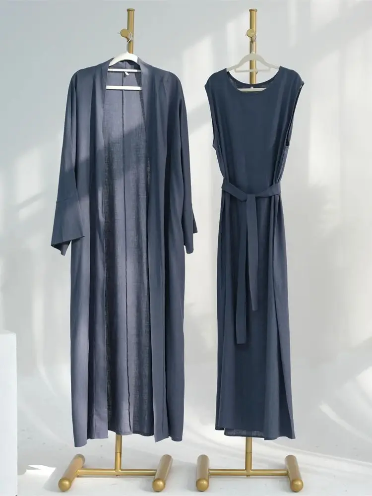 Eid-Conjunto de Kimono de lino y algodón para mujer, Abaya abierta de Dubái, caftán Retro musulmán, vestidos modestos, ropa islámica, Kebaya,