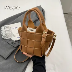 Retro PU Bucket Bag Single Shoulder + Canvas Drawstring Bags Popular Designer Woven Handbag Classic Woven Basket Bag