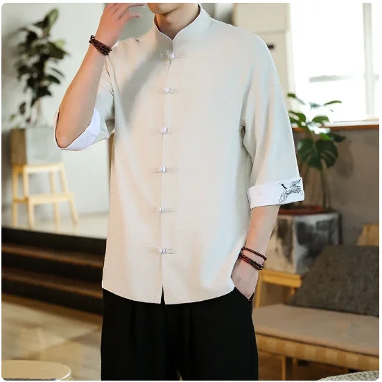 New Crane Embroidery Top Traditional Chinese Clothing for Men Vintage Half Sleeve Linen Shirts Solid Madarin Collar Hanfu Kungfu